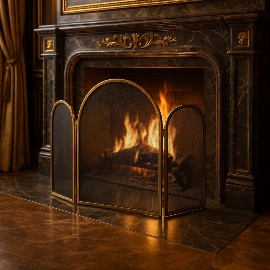 Parascintille in ottone d’epoca con pannelli arcuati