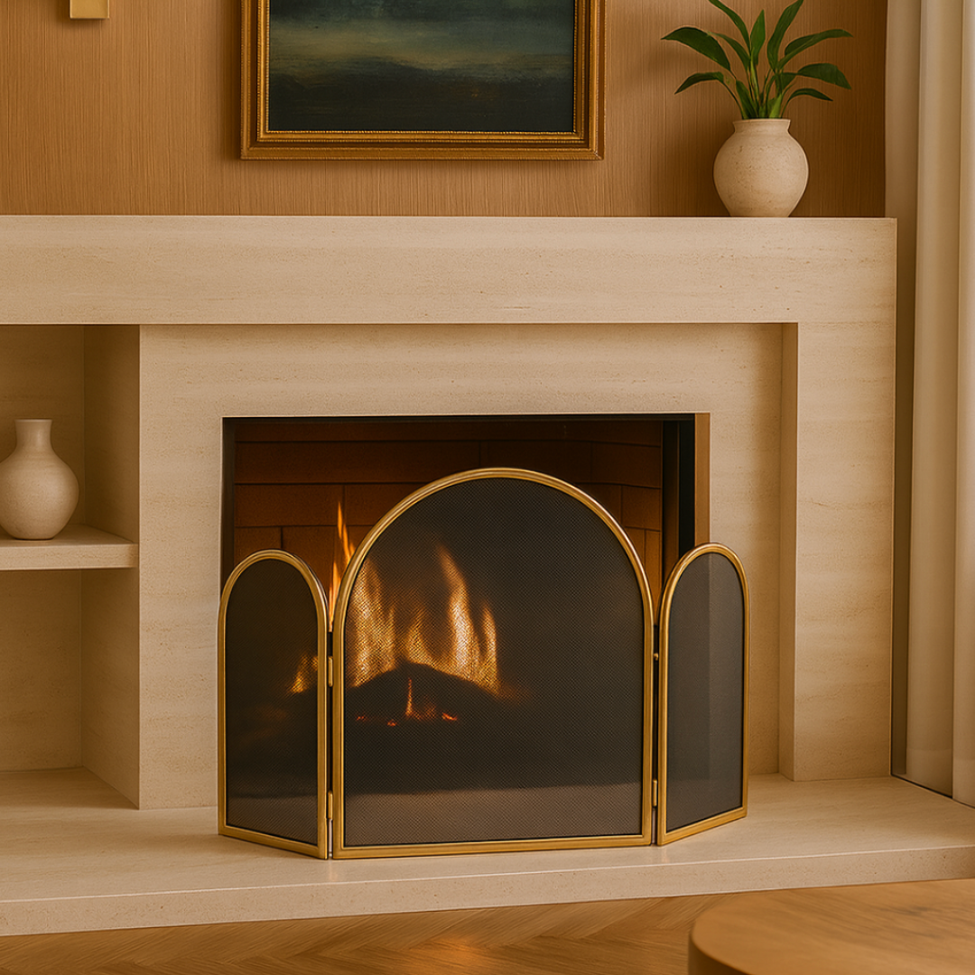 Parascintille in ottone d’epoca con pannelli arcuati